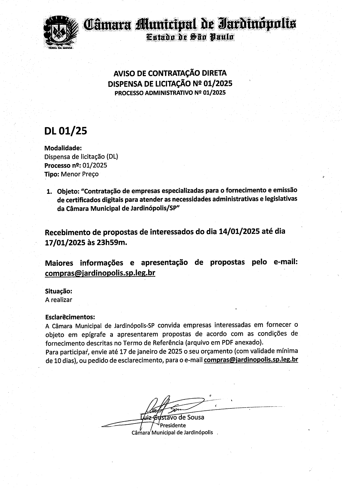 Dispensa de licitação 01/2025 - Processo administrativo 01/2025