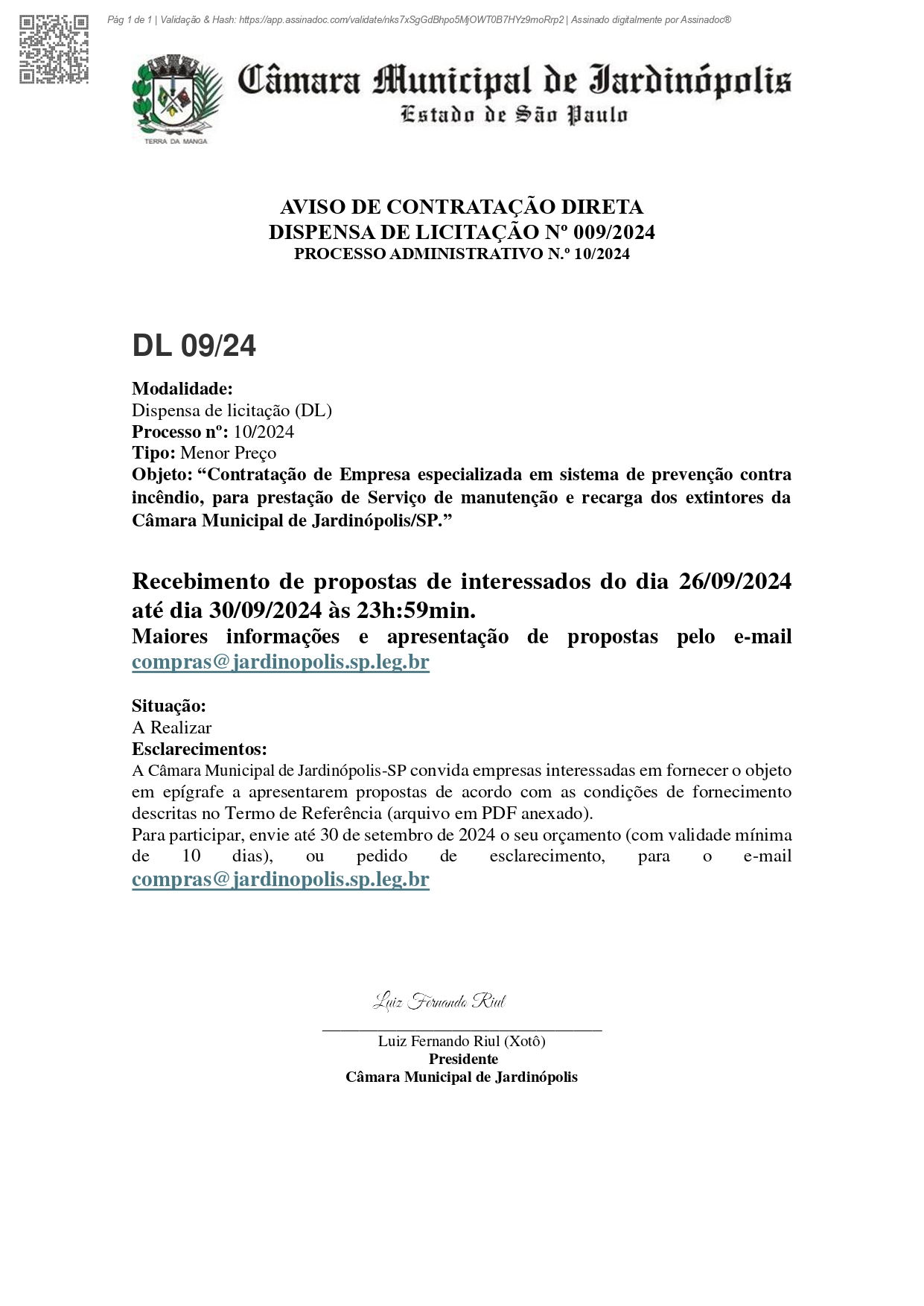 DISPENSA DE LICITAÇÃO Nº 009/2024 PROCESSO ADMINISTRATIVO N.º 10/2024