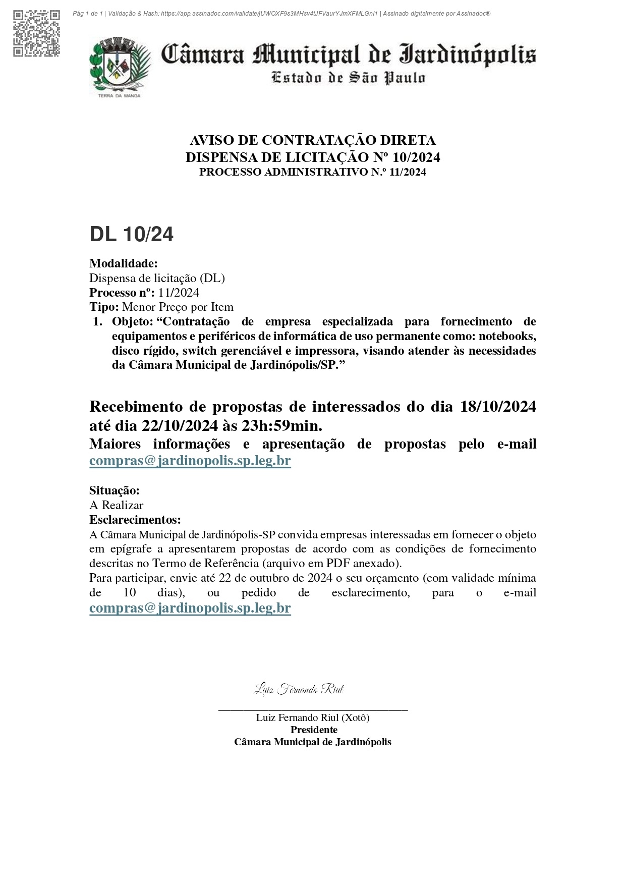 DISPENSA DE LICITAÇÃO Nº 10/2024 PROCESSO ADMINISTRATIVO N.º 11/2024