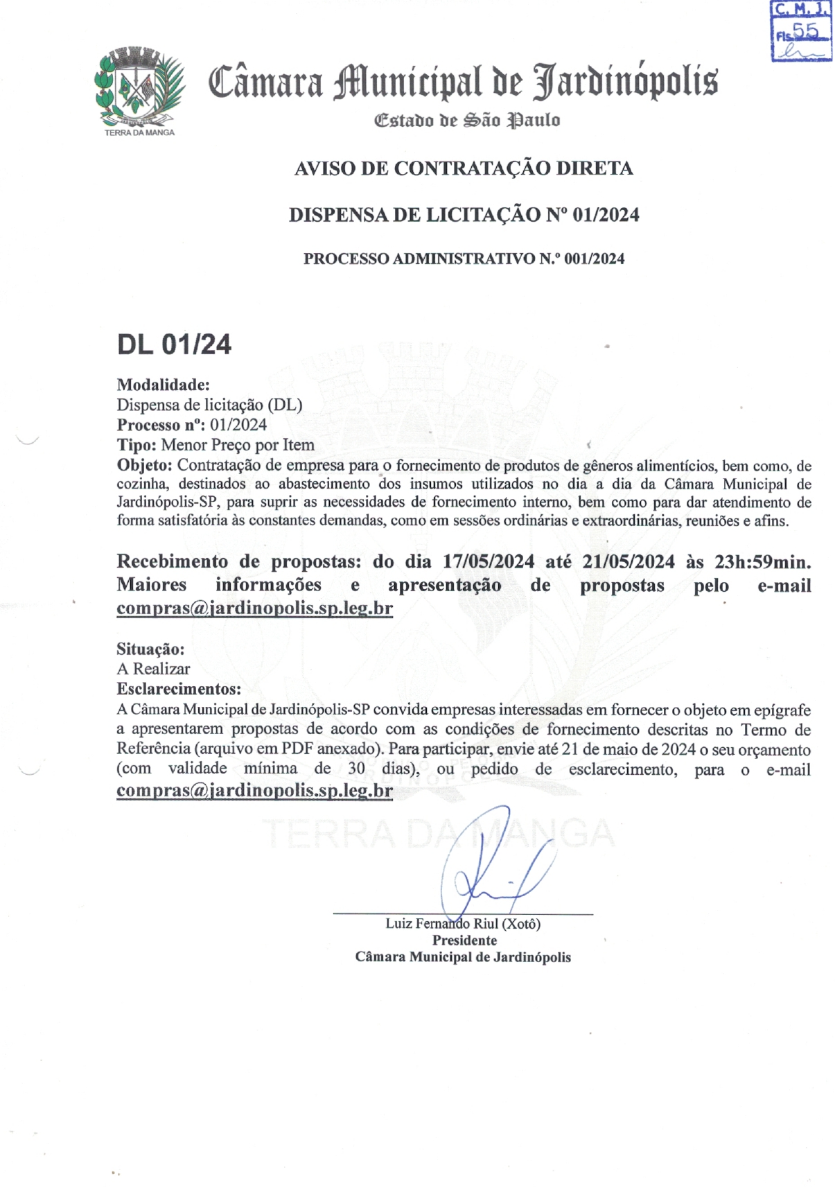 PROCESSO ADMINISTRATIVO DE CONTRATAÇÃO DIRETA Nª 001/2024 - DISPENSA 01/2024