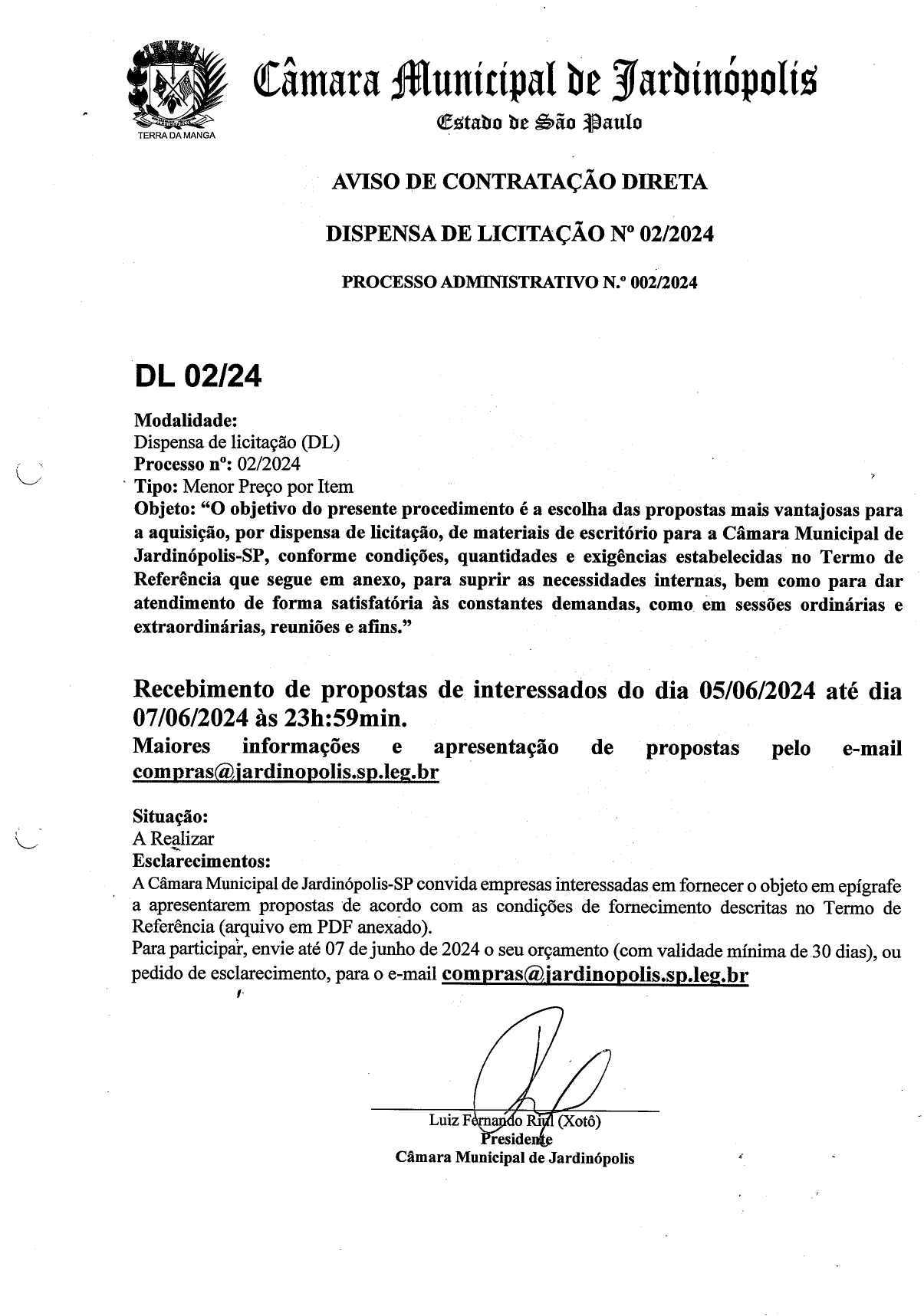 PROCESSO ADMINISTRATIVO DE CONTRATAÇÃO DIRETA Nº 002/2024 - DISPENSA 02/2024