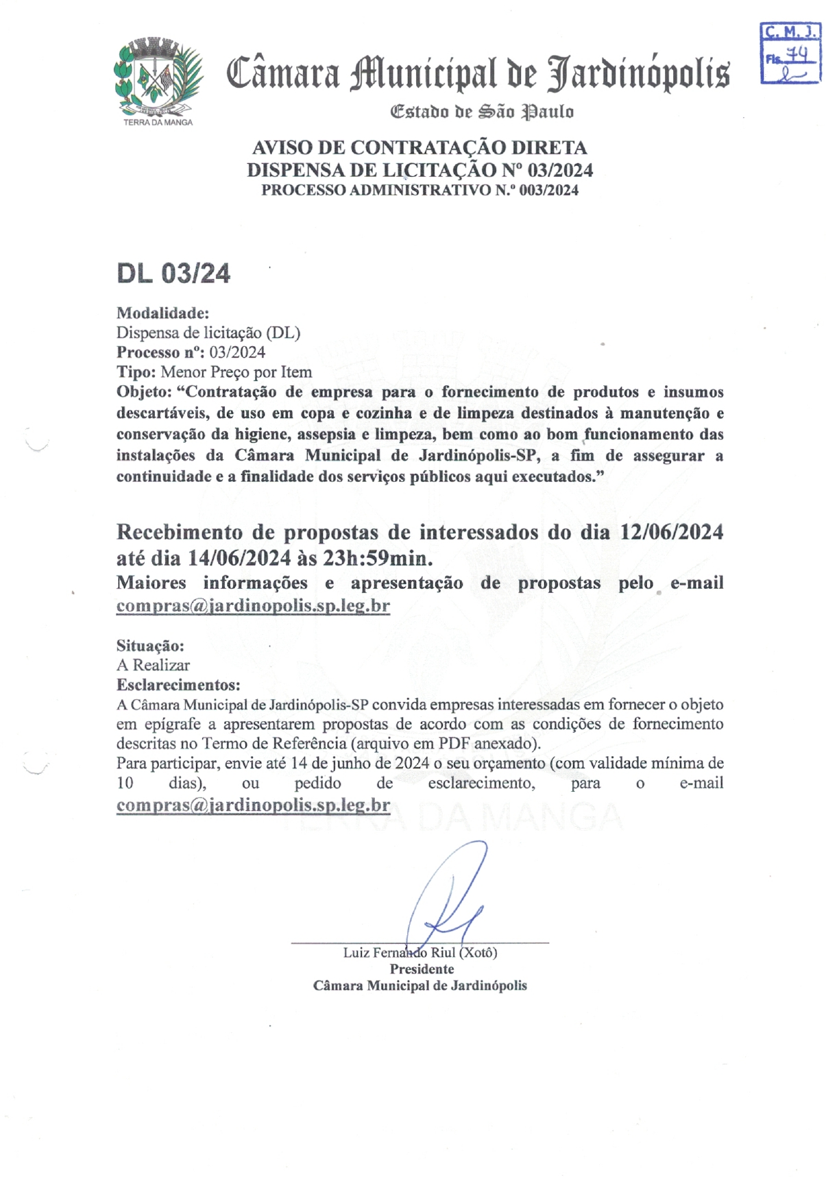 PROCESSO ADMINISTRATIVO DE CONTRATAÇÃO DIRETA Nº 003/2024 - DISPENSA 03/2024