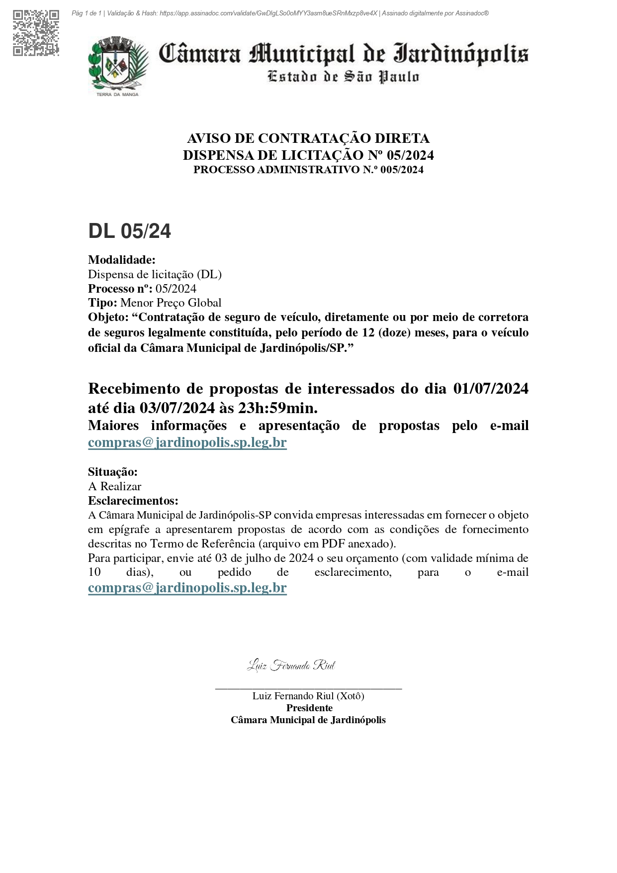 PROCESSO ADMINISTRATIVO DE CONTRATAÇÃO DIRETA Nº 005/2024 - DISPENSA 05/2024