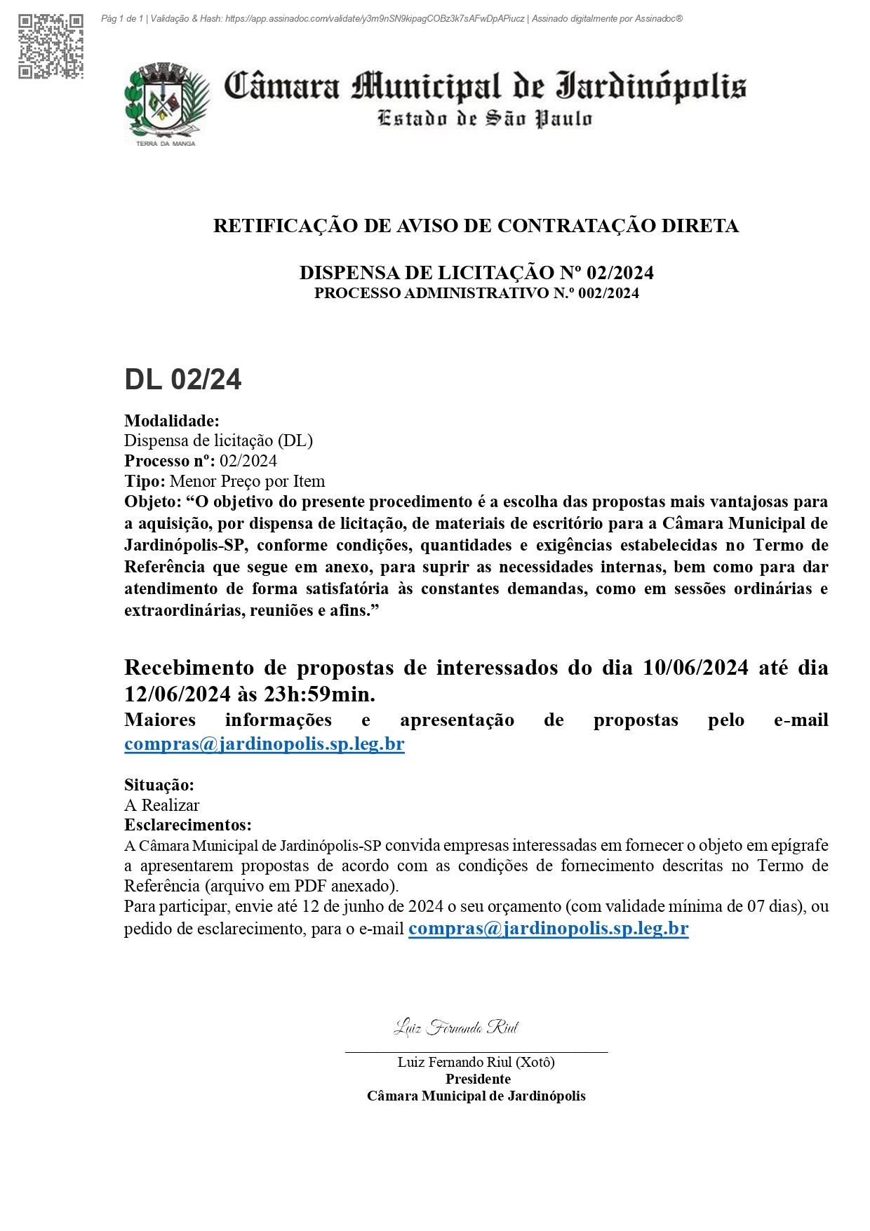 Reabertura do Prazo e Retificação do Aviso de PROCESSO ADMINISTRATIVO DE CONTRATAÇÃO DIRETA Nº 002/2024 - DISPENSA 02/2024