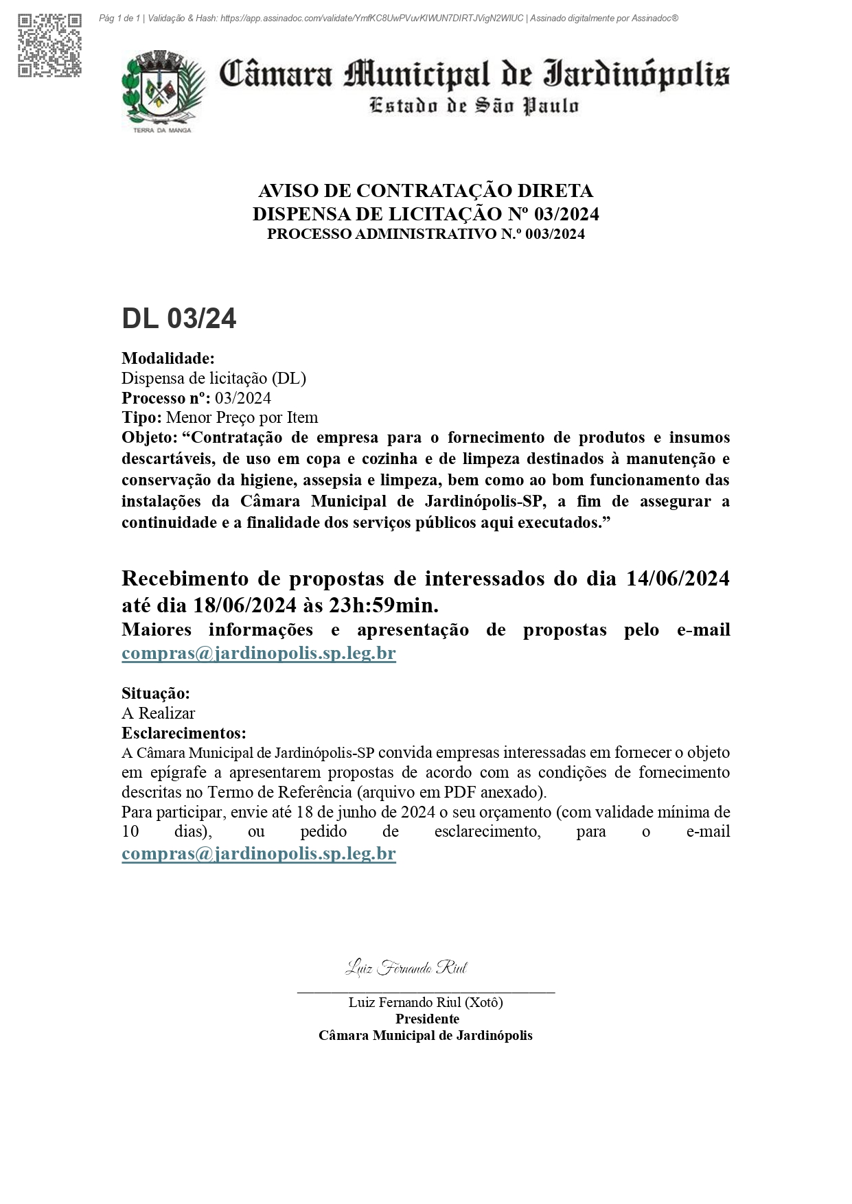 Reabertura do Prazo e Retificação do Aviso de PROCESSO ADMINISTRATIVO DE CONTRATAÇÃO DIRETA Nº 003/2024 - DISPENSA 03/2024